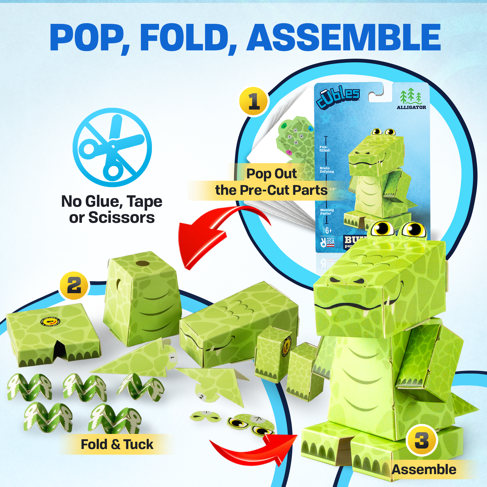 CUBLES North American Animals Alligator paper craft kit featuring precision-cut pieces for easy assembly, designed for kids aged 6 and up.